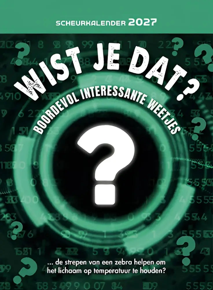 Groene en zwarte scheurkalender 2027 met boordevol interessante weetjes en digitale code als centraal thema