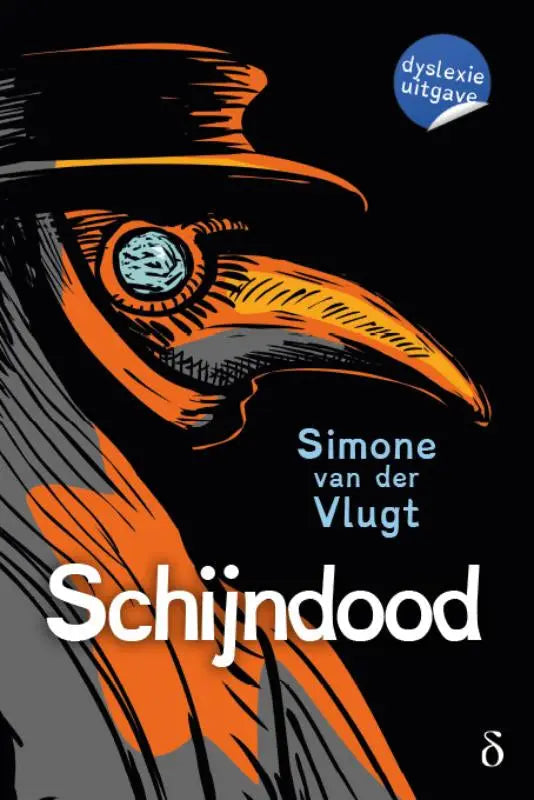 Oranje en zwart geïllustreerde boekcover van schijndood met een pestarts vogel in een sierlijke hoed