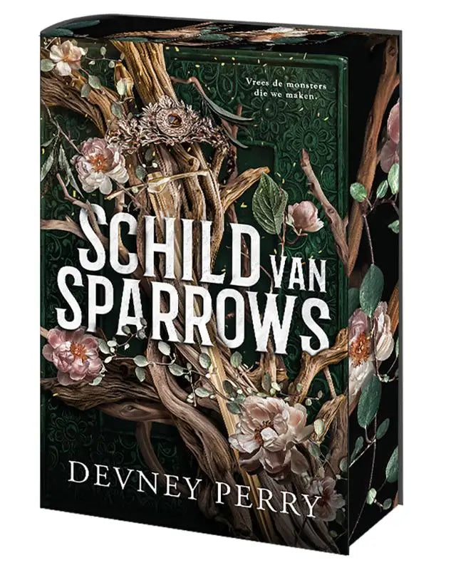 Donkergroene hardcover boek met ingewikkelde bloemen- en takillustraties met de titel schild van sparrows in witte letters