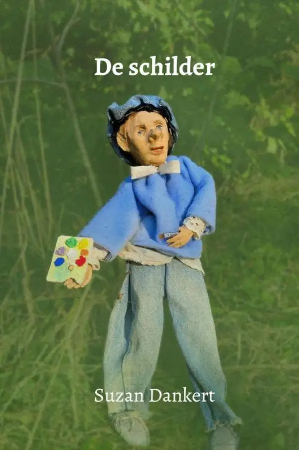 Een blauwe schilderfiguur met een baret en kleurrijk palet geschikt voor jonge lezers in de schilder