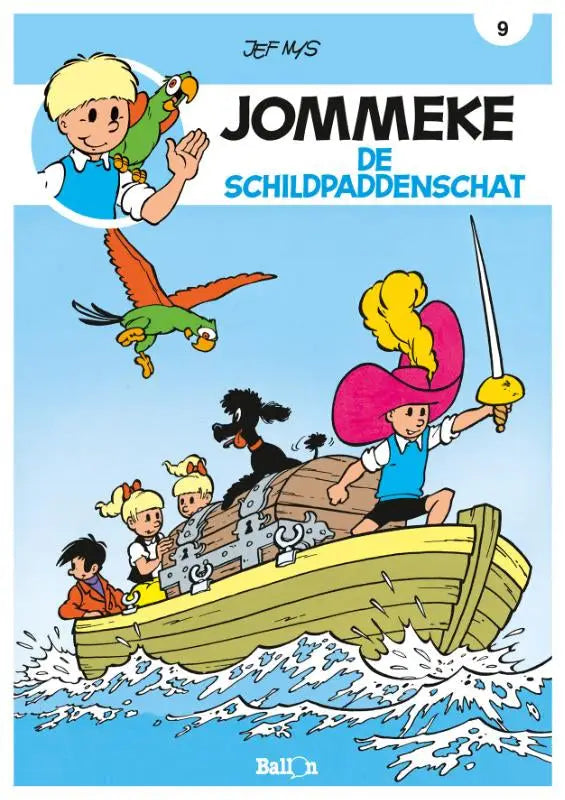 De cover van de jommeke strip de schildpaddenschat door jef mys toont kleurrijke personages op een houten boot
