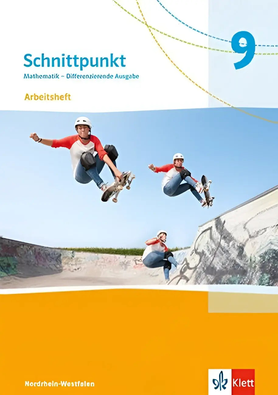 Cover van schnittpunkt mathematik 9 differenzierende ausgabe arbeitsheft mit lösungsheft zeigt skateboarders tegen blauwe lucht