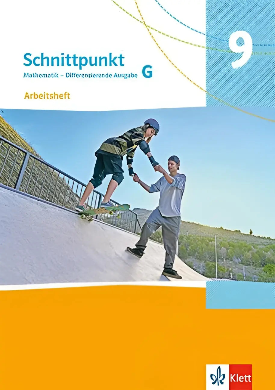 De cover van schnittpunkt mathematik 9g arbeitsheft mit lösungsheft toont twee skateboarders op een ramp bij blauwe lucht