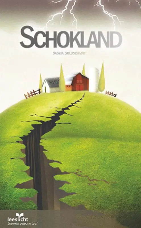 De boekcover van schokland door saskia goldschmidt toont een rode schuur en wit huis op een groene heuvel met een kloof