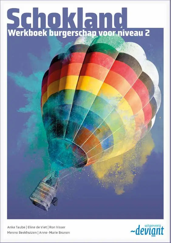 Kleurige heteluchtballon met regenboogstrepen tegen paarse lucht bij werkboek burgerschap schokland niveau 2