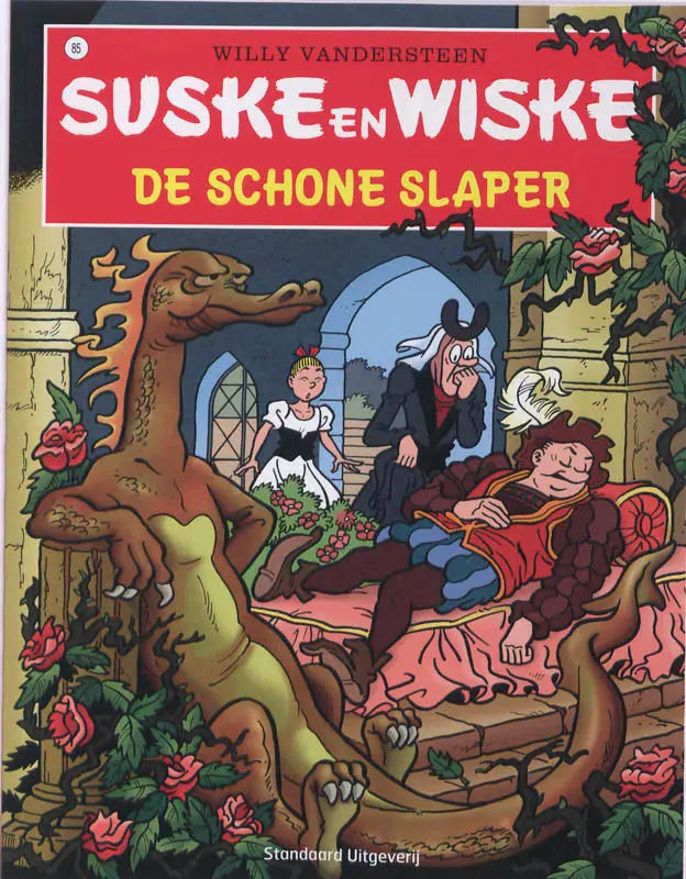 De kleurrijke cover van de strip suske en wiske de schone slaper van willy vandersteen met rozenillustratie