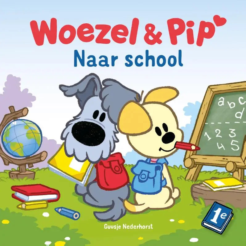 De cover van het kinderboek woezel & pip naar school toont twee cartoonhonden in een klaslokaal voor jonge lezers