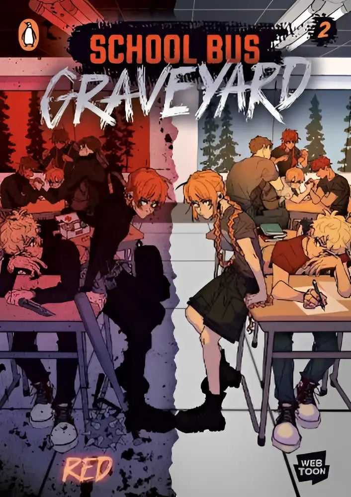 De cover van school bus graveyard volume 2 graphic novel toont een gesplitste illustratie met studenten in uniform