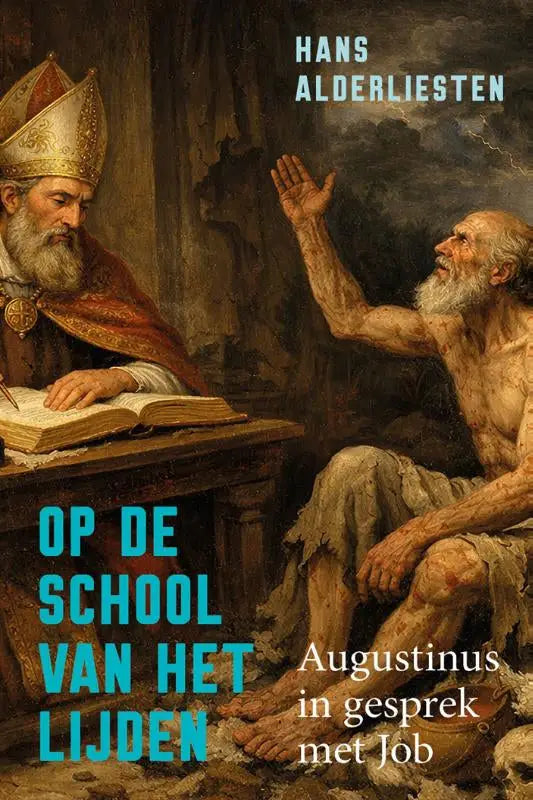 De boekcover toont een klassiek schilderij van augustinus en een naakte man in een gesprek over lijden