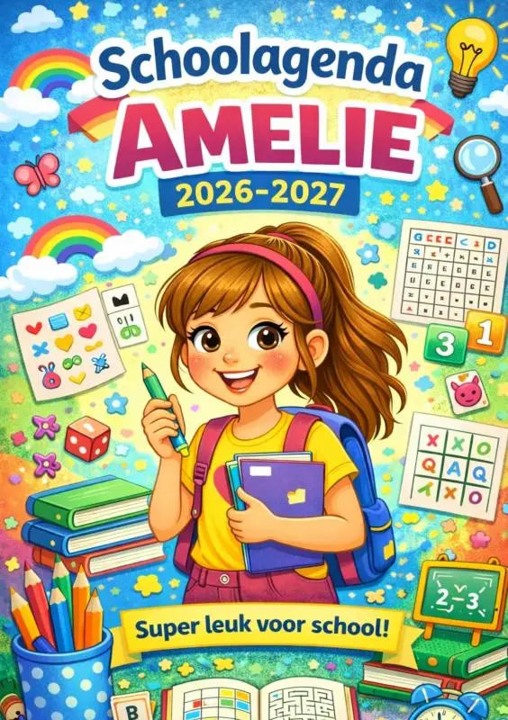 Kleurrijke cartoonillustratie van een meisje met bruine haren en roze haarband voor de schoolagenda amelie voor jonge lezers