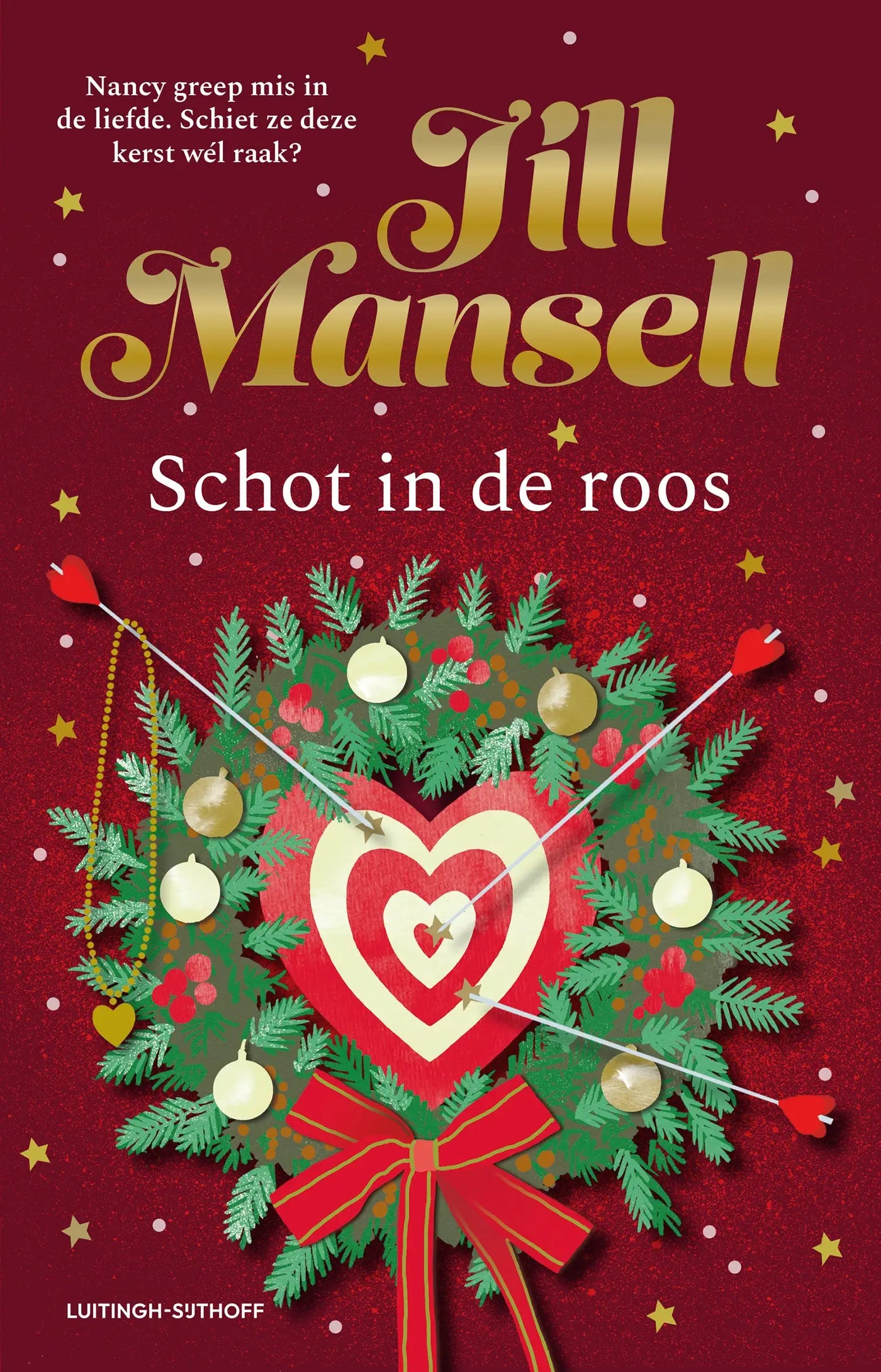 Een feestelijke rode en groene kerstkrans met gouden ornamenten en hartmotief passend bij jill mansell schot in de roos