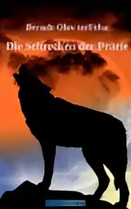 Silhouetten van wolven op rotsachtig terrein bij oranje zonsondergang voor jonge lezers in die schrecken der prärie