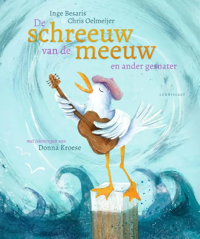 Een witte meeuw met roze baret en oranje snavel die een akoestische gitaar vasthoudt op een houten paal inge besaris