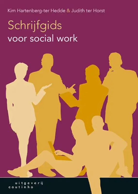 Paarse boekcover Schrijfgids voor social work met gele silhouetten van mensen in sociaal contact