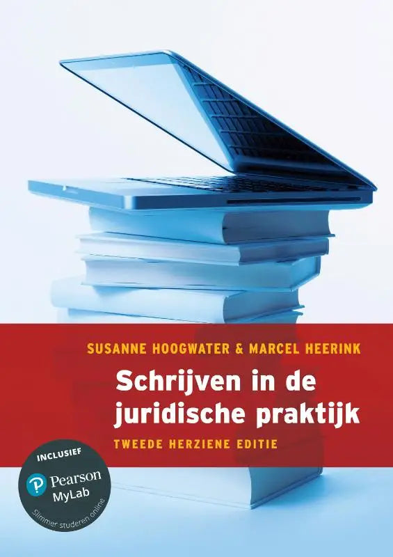 Blauwe laptop rust op stapel boeken van schrijven in de juridische praktijk 2e herziene editie met mylab nl toegangscode