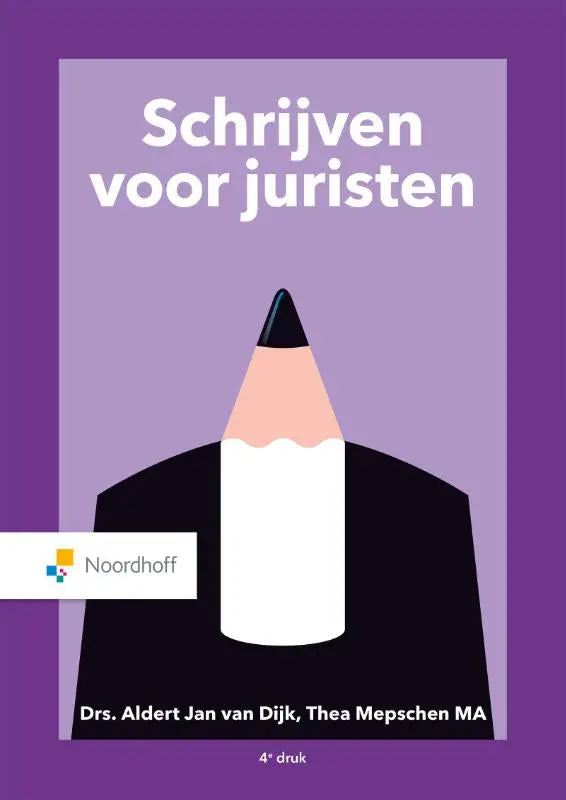 Paars boekcover schrijven voor juristen met gestileerde witte potloodillustratie en pink graphite binnen communicatiekunde algemeen