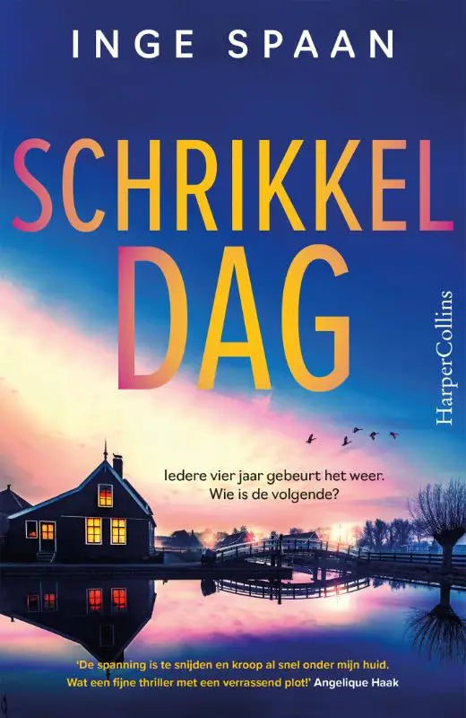 De voorkant van het boek Schrikkeldag toont de titel in gedempte kleurrijke letters tegen een schemerlucht
