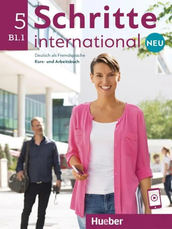Vrouw draagt roze overhemd op de cover van schritte international neu 5 kursbuch und arbeitsbuch met audios online