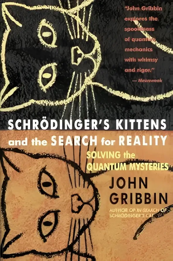 De boekcover van Schrodinger’s kittens door John Gribbin toont een zwart-oranje illustratie met twee gestileerde katten