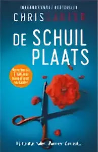 De schuilplaats backcard met rode cirkel en zwarte schaar op donkere achtergrond voor psychologische thriller reeks