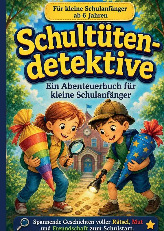 Kinder-abenteuerbuch schultütendetektive mit zwei kindern und bunten schultüten für spannende geschichten voller rätsel