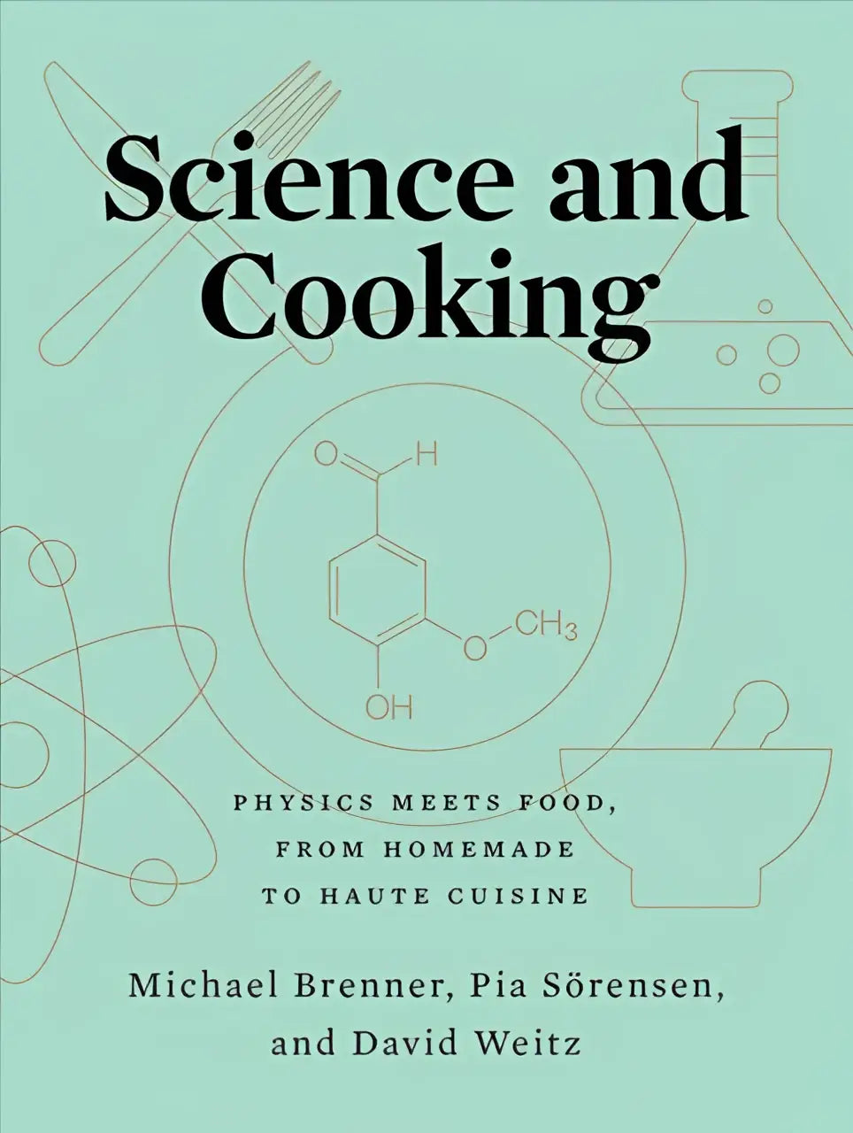 The book cover for science and cooking features a mint green background with black text and kitchen and science illustrations