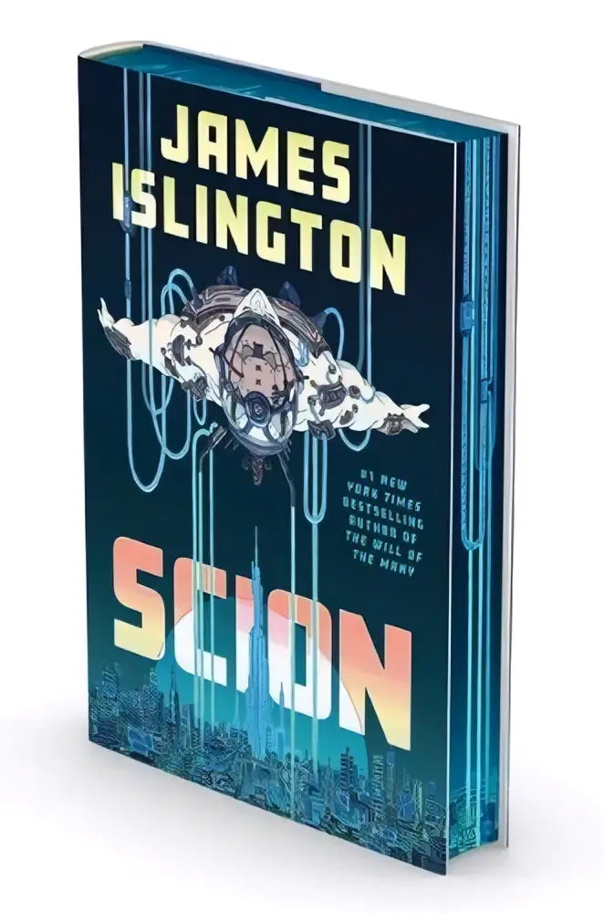 Een hardcover boek scion us deluxe edition met een donkerblauwe kaft, mechanische vogelillustratie, van james islington s&s saga press