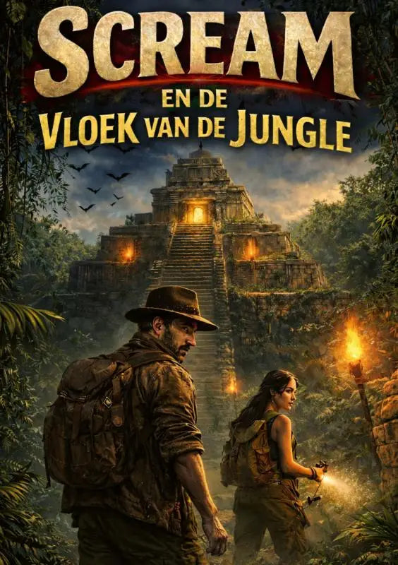 De film poster voor Scream en de vloek van de Jungle toont een stenen jungle tempel met oranje verlichting in een mistig bos