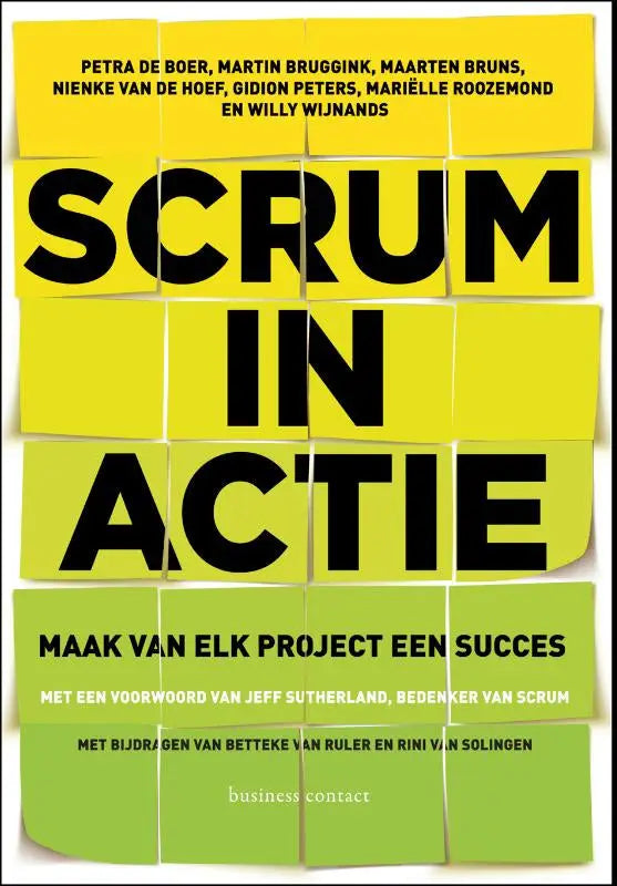 Heldere gele en groene boekomslag met zwarte tekst scrum in actie in sticky note raster van gidion peters en maarten bruns