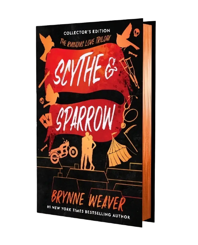 Zwarte hardcover boek met een levendige rode en oranje omslag met vogels en motorillustraties scythe & sparrow collector’s edition van brynne weaver bij random house llc