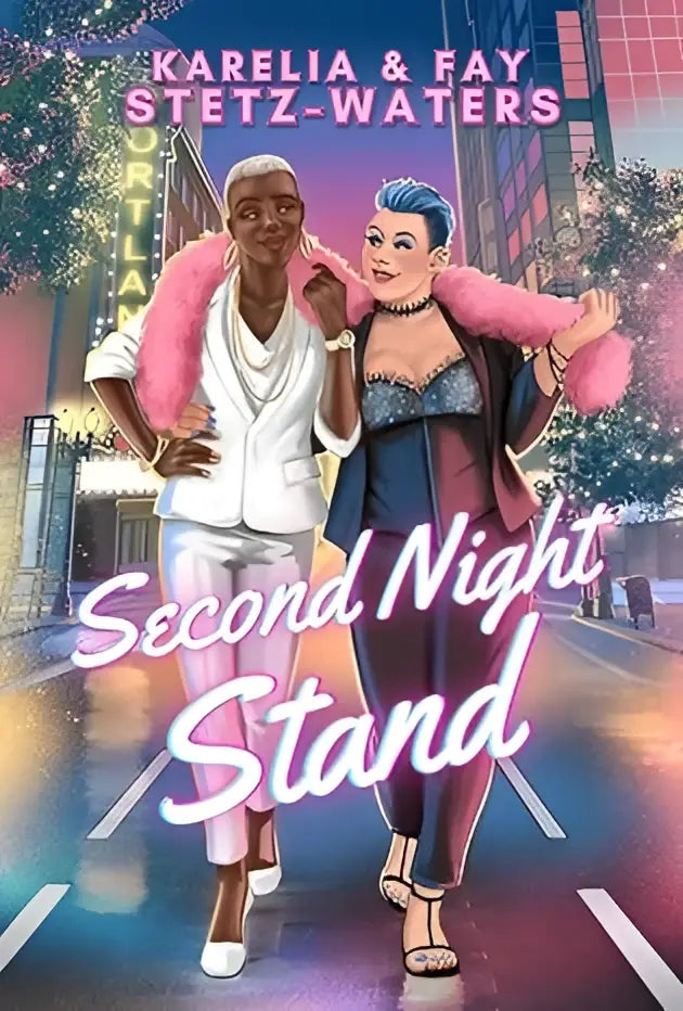 De boekcover van second night stand toont een levendige geïllustreerde stel die door een neonverlichte stadsstraat loopt
