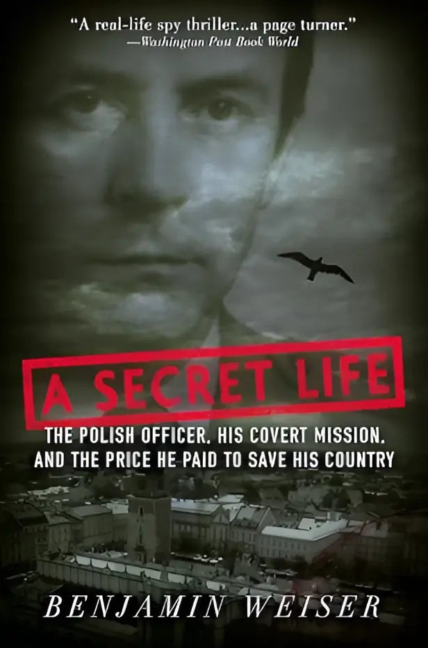 Book cover in black and white featuring a mans face bold red title a secret life and a bird flying over city buildings
