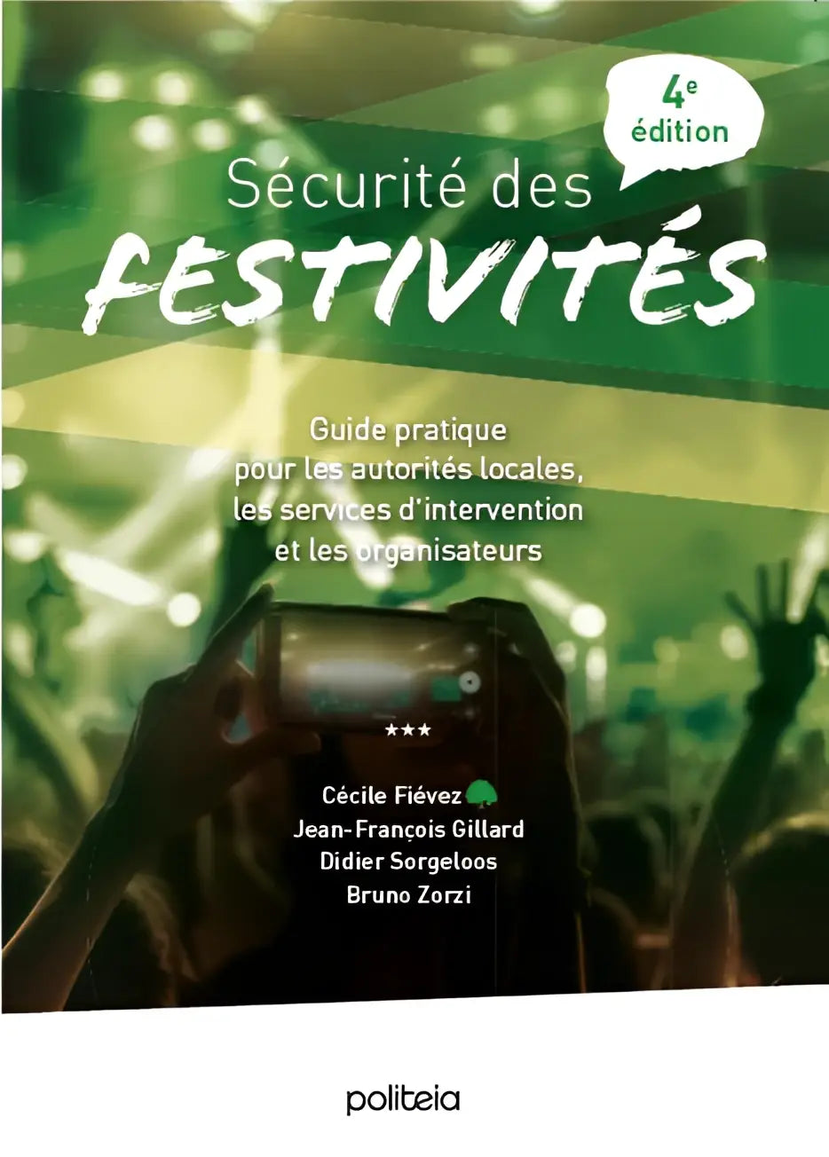 Groen-witte boekcover van sécurité des festivités editie 2026 met foto van handen die smartphone vasthouden op concert