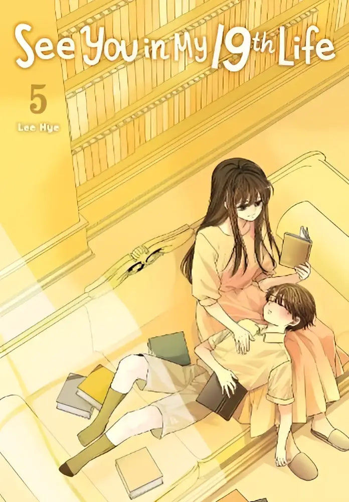 Yellow manga volume cover of see you in my 19th life vol 5 featuring two characters in a warmly lit library setting