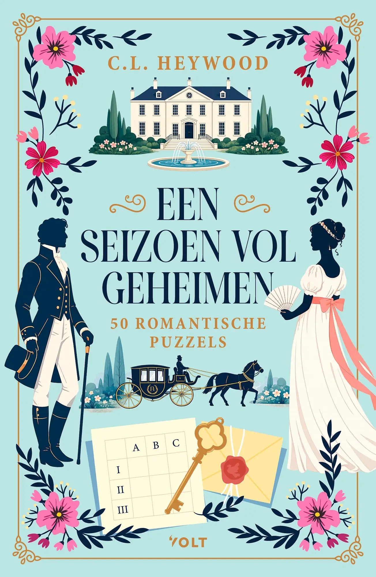 Een seizoen vol geheimen puzzel met een romantische illustratie van een 19e-eeuws silhouet en een roze bloemrijke achtergrond