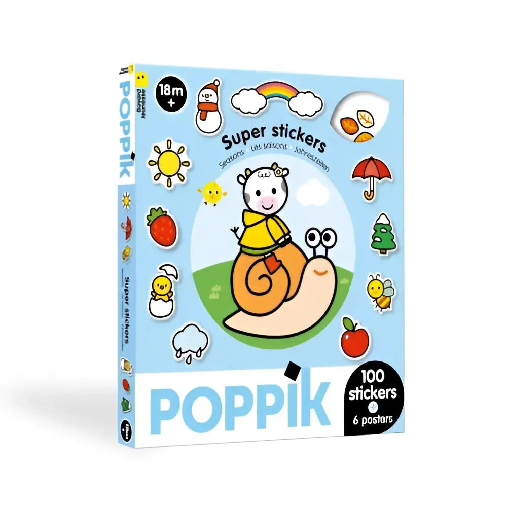 Een kleurrijk kinderstickboek seizoenen met een vrolijke slak in geel shirt en een lachend schaap tegen een blauwe achtergrond
