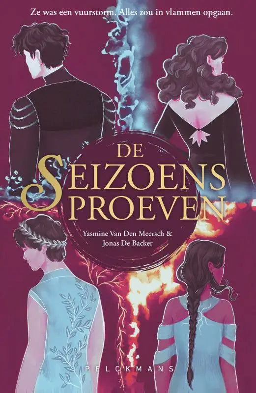 De seizoensproeven boekcover met vier figuren in donker en licht tegen een vurige magenta achtergrond