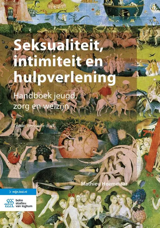 De boekcover van seksualiteit intimiteit en hulpverlening toont een kleurrijke middeleeuwse illustratie door mathieu heemelaar bsl media maatschappelijk werk