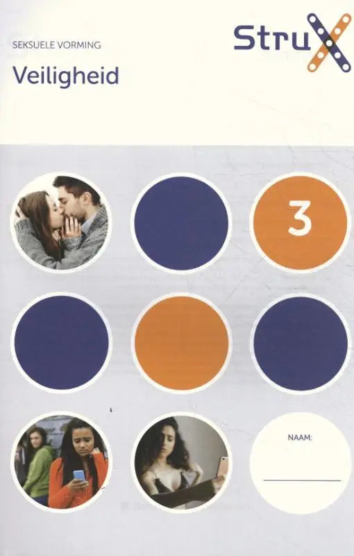 De cover van een strux educatief werkboek veiligheid met cirkelvormige afbeeldingen en kleurstalen in seksuele vorming