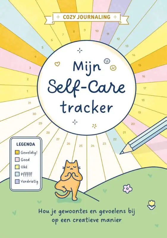 Pastelgekleurde illustratieve mijn self-care tracker met zonnestraal ontwerp en cartoonkat in yoga pose voor creatieve manier self-care tracker door deltas chantecler