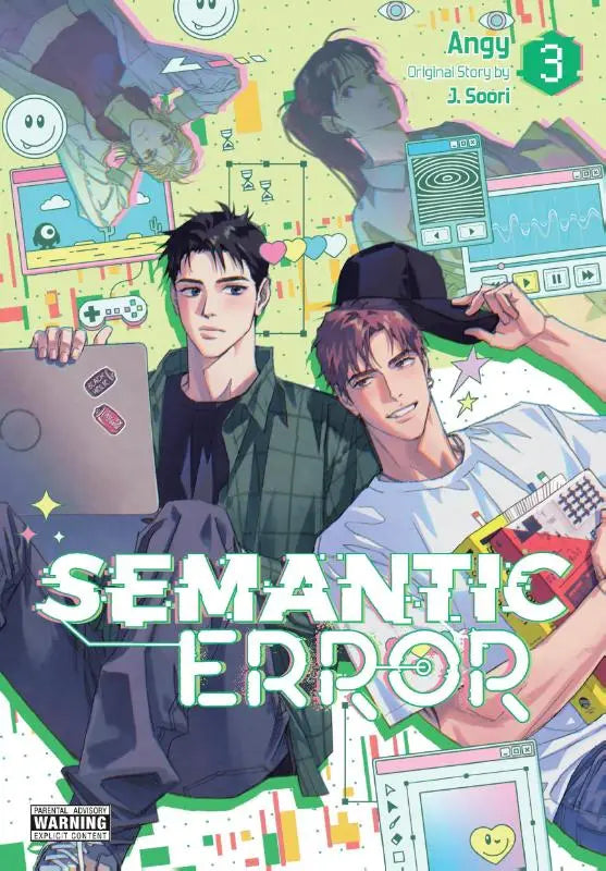De cover van het manga semantic error volume 3 toont twee mannelijke personages met een kleurrijke digitale achtergrond