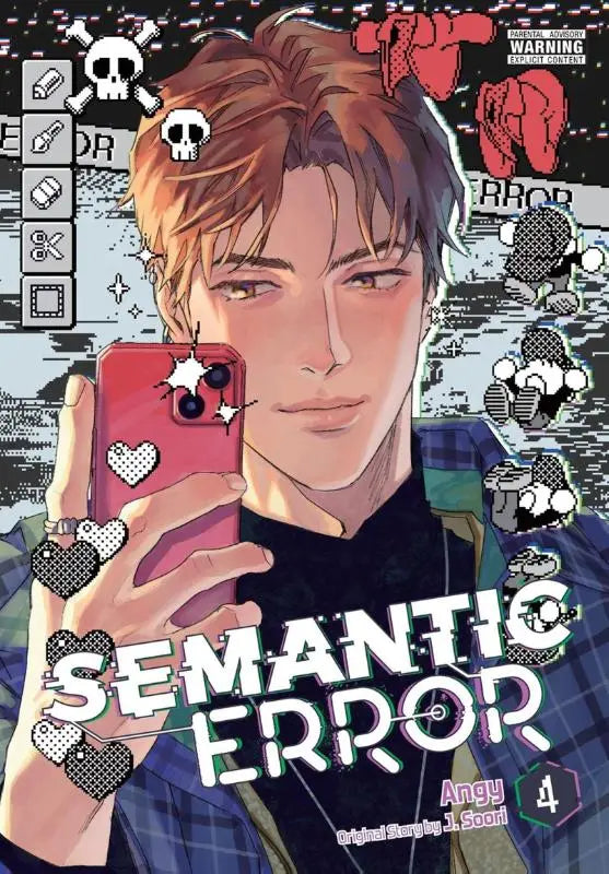 Achterkant van een rode smartphone met hartvormige stickers en dubbele camera, geïnspireerd op semantic error comic vol 4