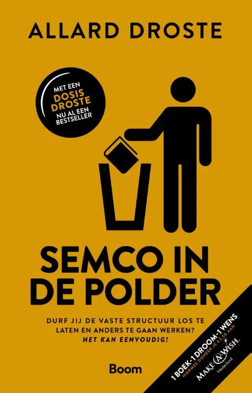 Gele boekomslag vaste structuur los met zwarte tekst en een persoon die een boek weggooit in semco gaan werken