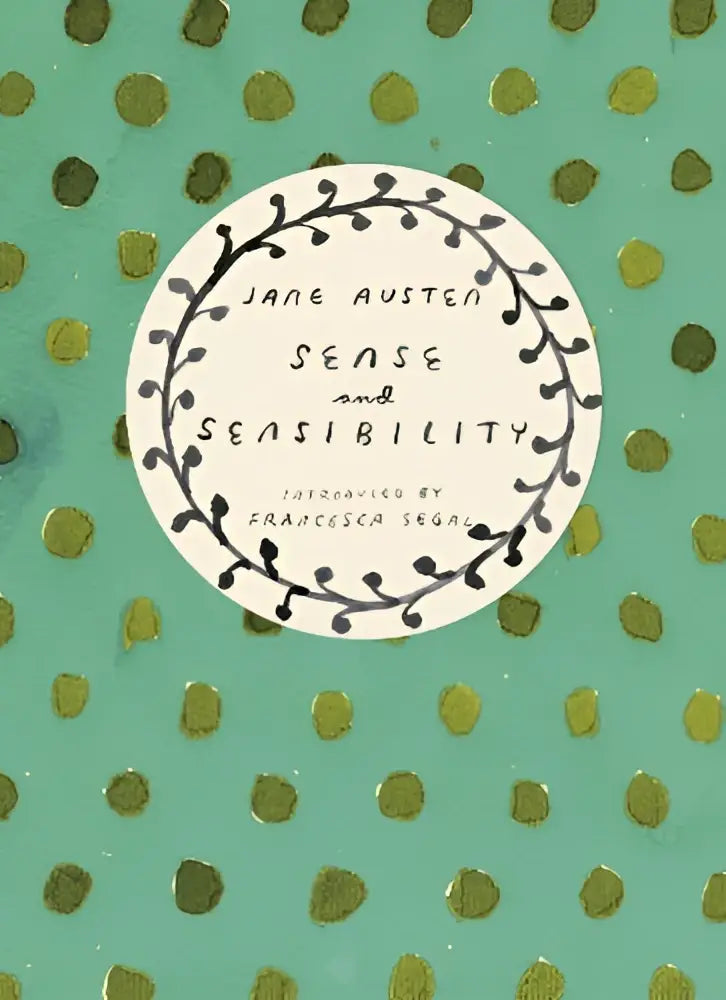 Teal hardcover boek sense and sensibility door jane austen met gouden stippen en wit label vintage classics austen editie