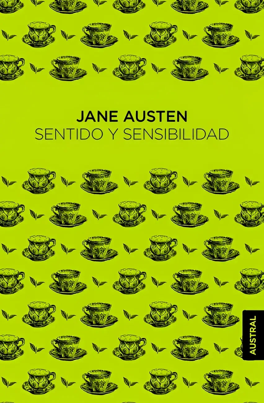 Heldere limoengroene boekcover met zwart lijntekeningpatroon van theekopjes en bladeren, sentido y sensibilidad van jane austen