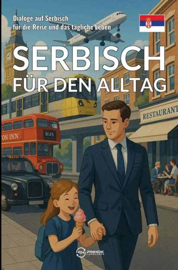 Dekaante serbisch für den alltag met man en meisje hand in hand en iconische voertuigen zoals rode dubbeldekker en gele tram