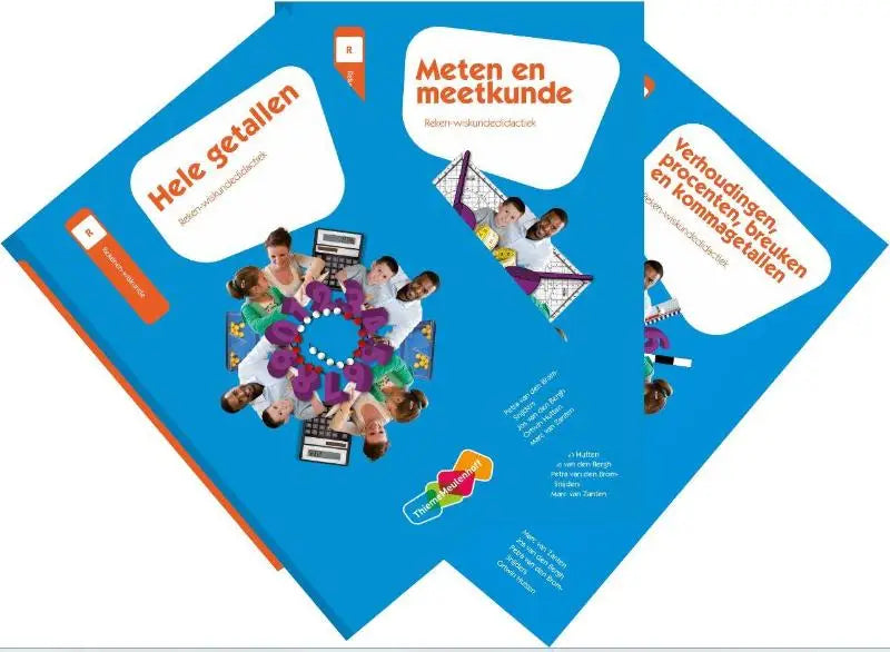 Blauwe educatieve werkboeken met oranje accenten en kleurrijke illustraties voor serie reken- en wiskundedidactiek kortingspakket