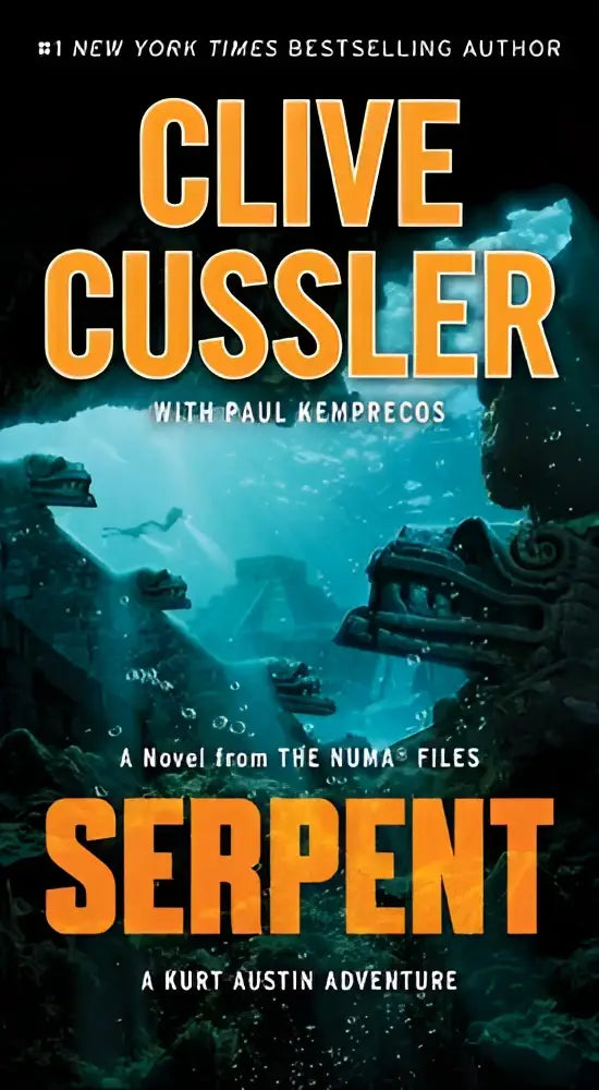 Oranje en zwarte boekcover van serpent door clive cussler en paul kemrecos met een onderwaterscene van oude ruïnes uit de numa files