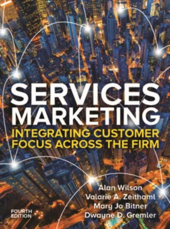 De boekomslag van services marketing integreren customer focus across the firm toont een nachtelijke skyline met verlichte wolkenkrabbers