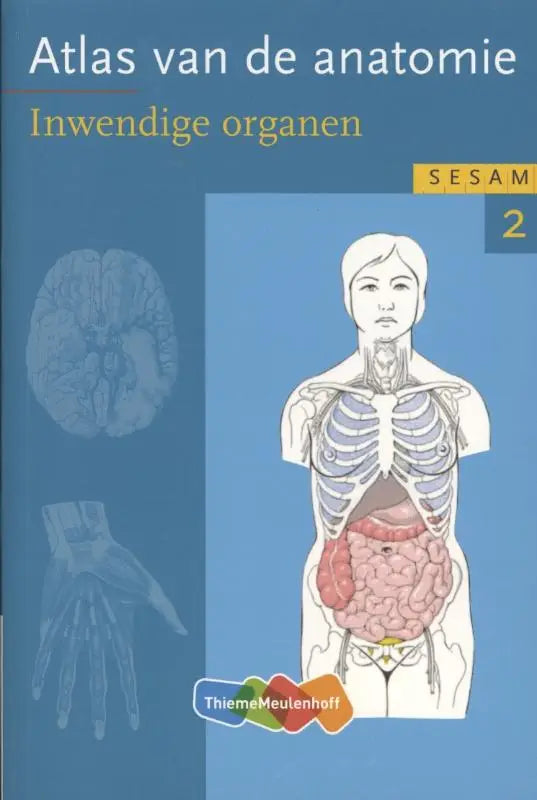 Blauw omslag van sesam atlas van de anatomie met een gedetailleerde illustratie van inwendige organen door Helga Fritsch